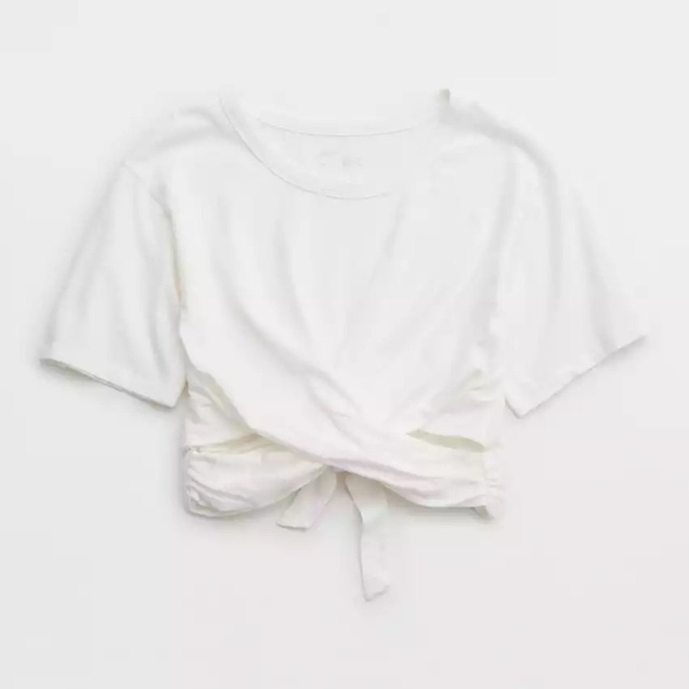 Six / Fifty Linen White Wraparound Wrapback Open Back Cropped Tee Shirt
